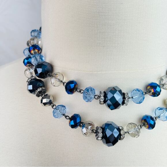 Trifari blue clear beaded 2 strand necklace choker - Picture 3 of 10